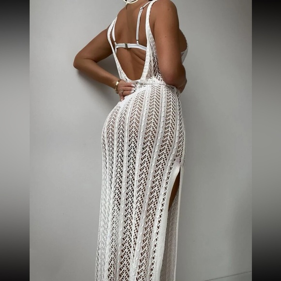 Boho Crochet Lace Sheer Mesh Hollow Out Split Beach Cover Up Dress - Picture 2 of 6